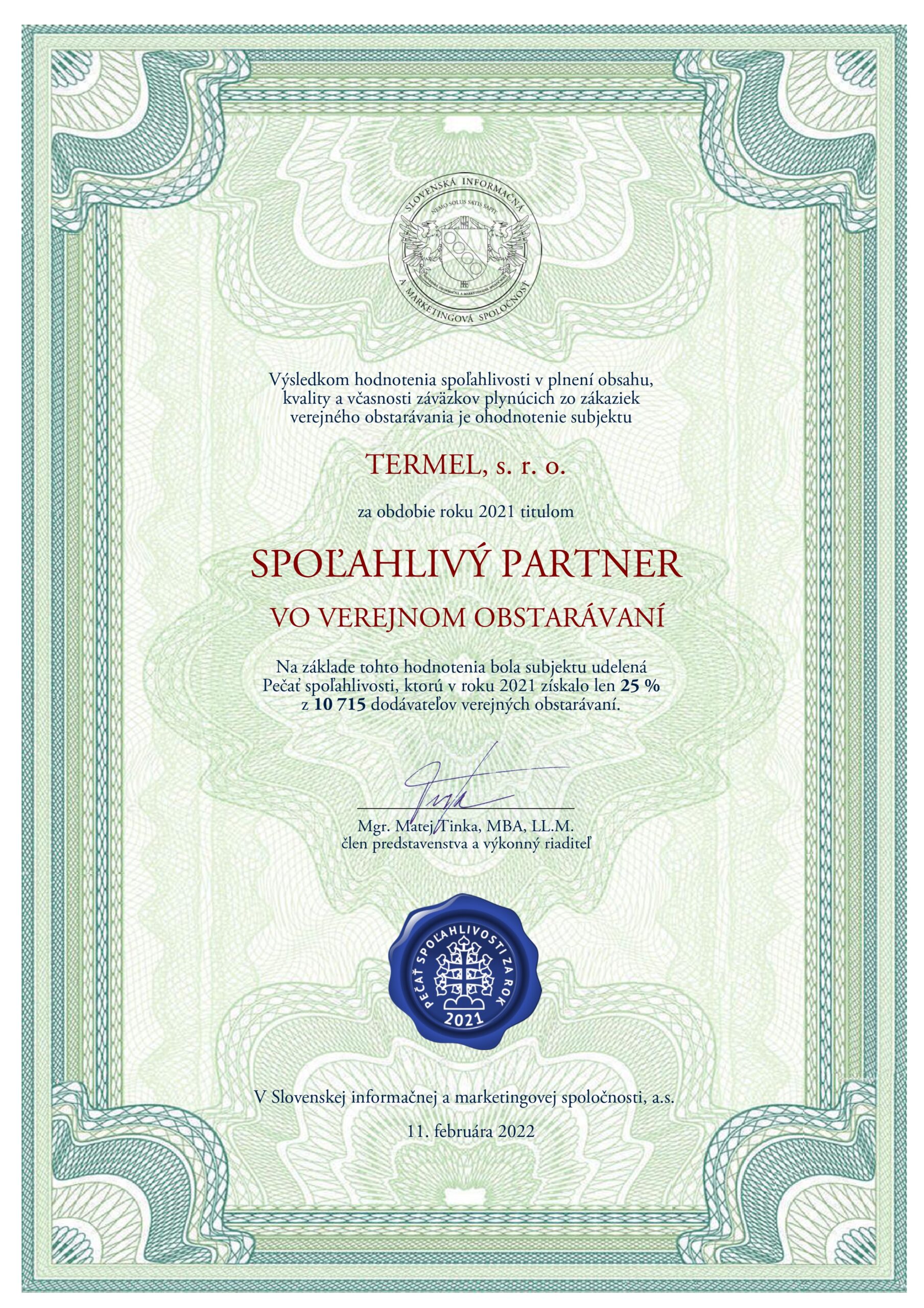 TERMEL s. r. o. Protokol Spolahlivy partner vo VO 2021 2 page 0001 scaled 1